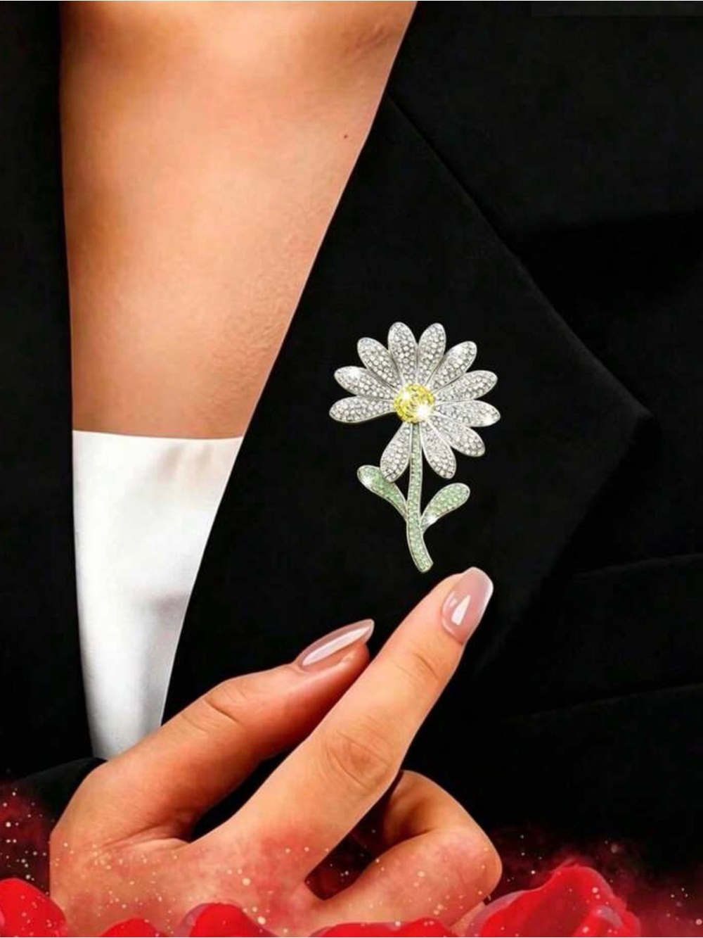 White Daisy Crystal Brooch with Green Stem | Flower Lapel Pin